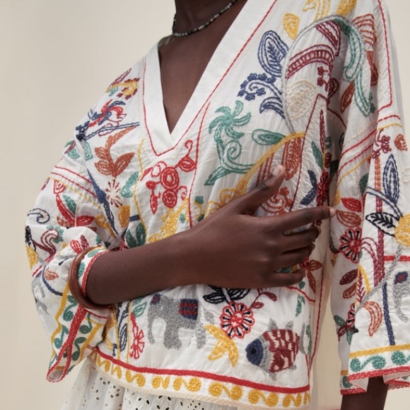 Zara V neck embroidered cotton shirt / blouse NWT - Picture 6 of 7